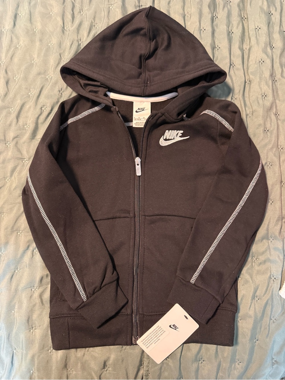 Nike Kids Black Full-Zip Hoodie with White Logo & Trim